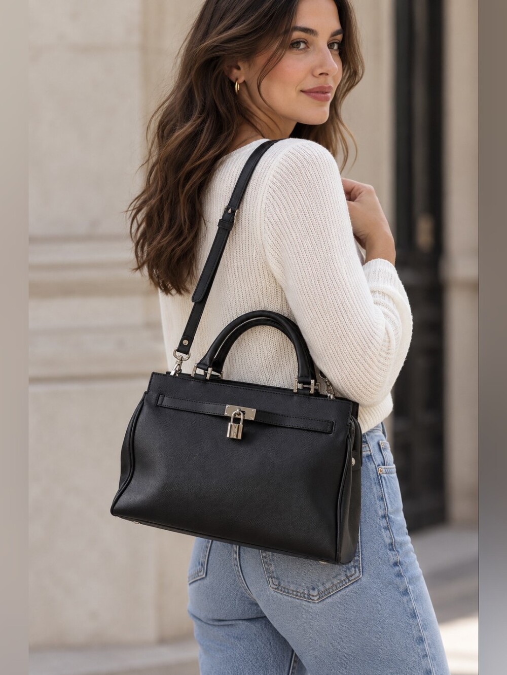 Danier Black Leather Satchel Bag with Padlock Accent
